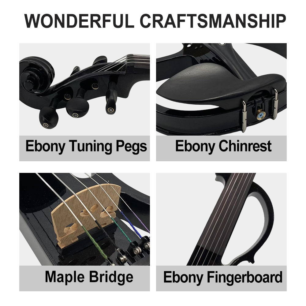 Yinfente 16Inch Silent Electric Viola Solid Wood 5 String with Ebony Fittings Hard Case Brazilwood Bow AUX Cable Cleaning Cloth Extra Strings Shoulder Rest Black FCGDA