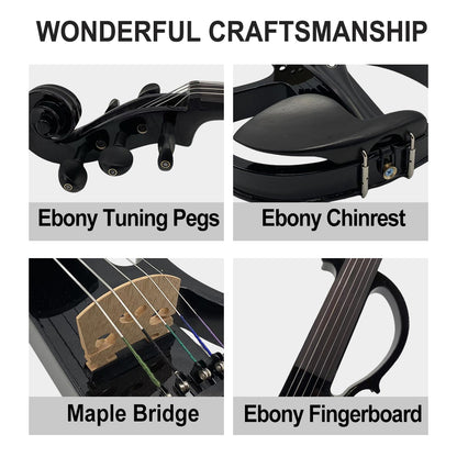 Yinfente 16Inch Silent Electric Viola Solid Wood 5 String with Ebony Fittings Hard Case Brazilwood Bow AUX Cable Cleaning Cloth Extra Strings Shoulder Rest Black FCGDA