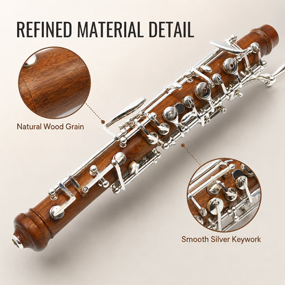 Yinfente Oboe Instrument Professional Rosewood C Key Semi-automatic Style Left F Resonance 3rd Octave Silver Nickel-plated Keys Oboe Reed with Leather Case and Carry Bag