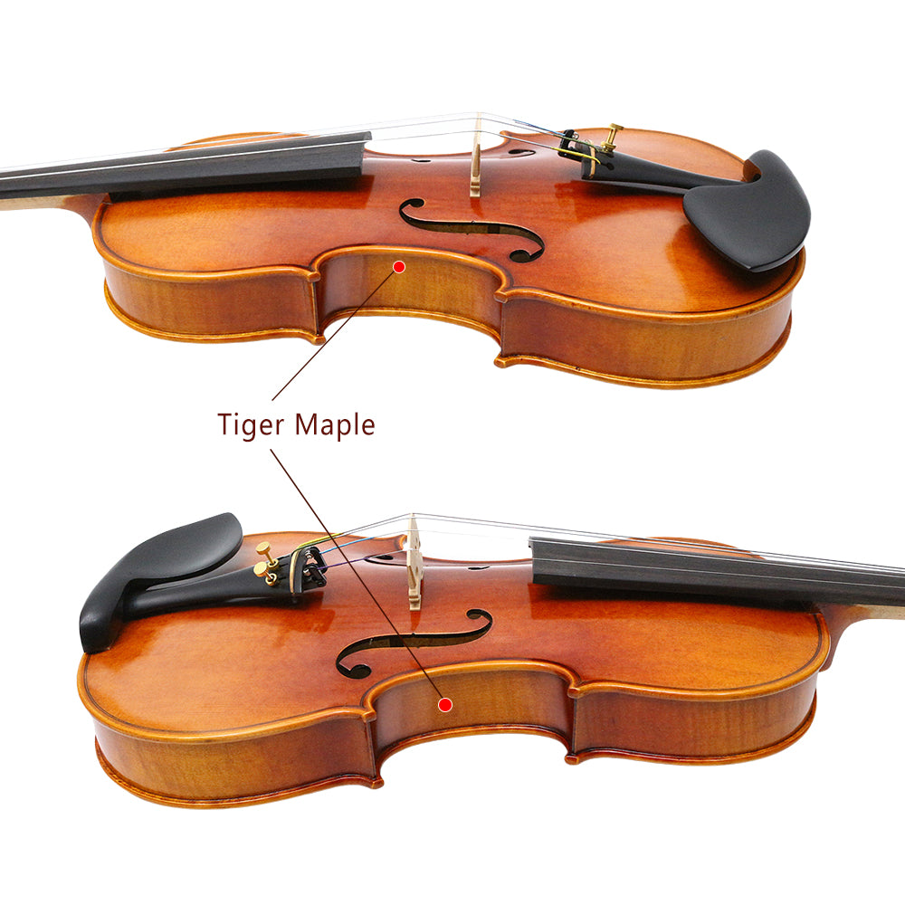4/4 Full Size Flame Maple 4 String Acoustic Violin Spruce Top Ebony Fittings Solid Wood,Case,Bow,Rosin,Battery-Operated Mini Clip-On Tunerkit,Briage,Shoulder Rest for Beginner. (Fine Grain)