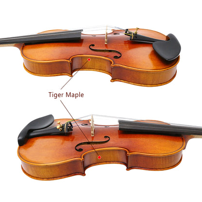 4/4 Full Size Flame Maple 4 String Acoustic Violin Spruce Top Ebony Fittings Solid Wood,Case,Bow,Rosin,Battery-Operated Mini Clip-On Tunerkit,Briage,Shoulder Rest for Beginner. (Fine Grain)