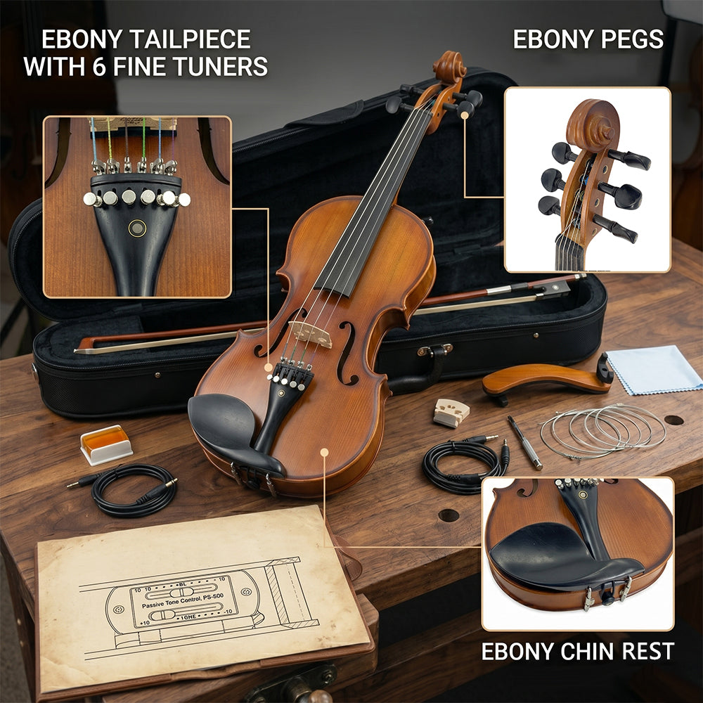 Yinfente 6 String Violin 4/4 Full Size Violin Hand Made Maple Spruce Wood Ebony Violin Fittings with Violin Case Bow