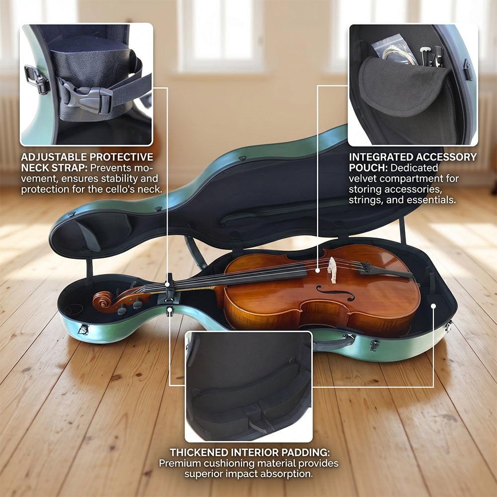 Yinfente Cello Hard Case 4/4 with Wheels and Embedded handle Aviation Composite Materials Waterproof (Green)