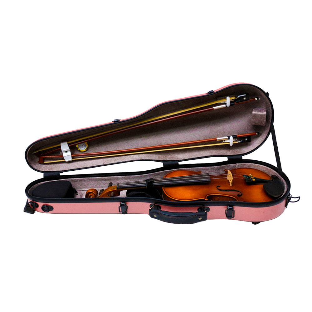 Violin Case 4/4 Hard Shell Carbon Fiber Lightweight Triangle Case with Backstraps External Accessory Storage Bag (Pink)
