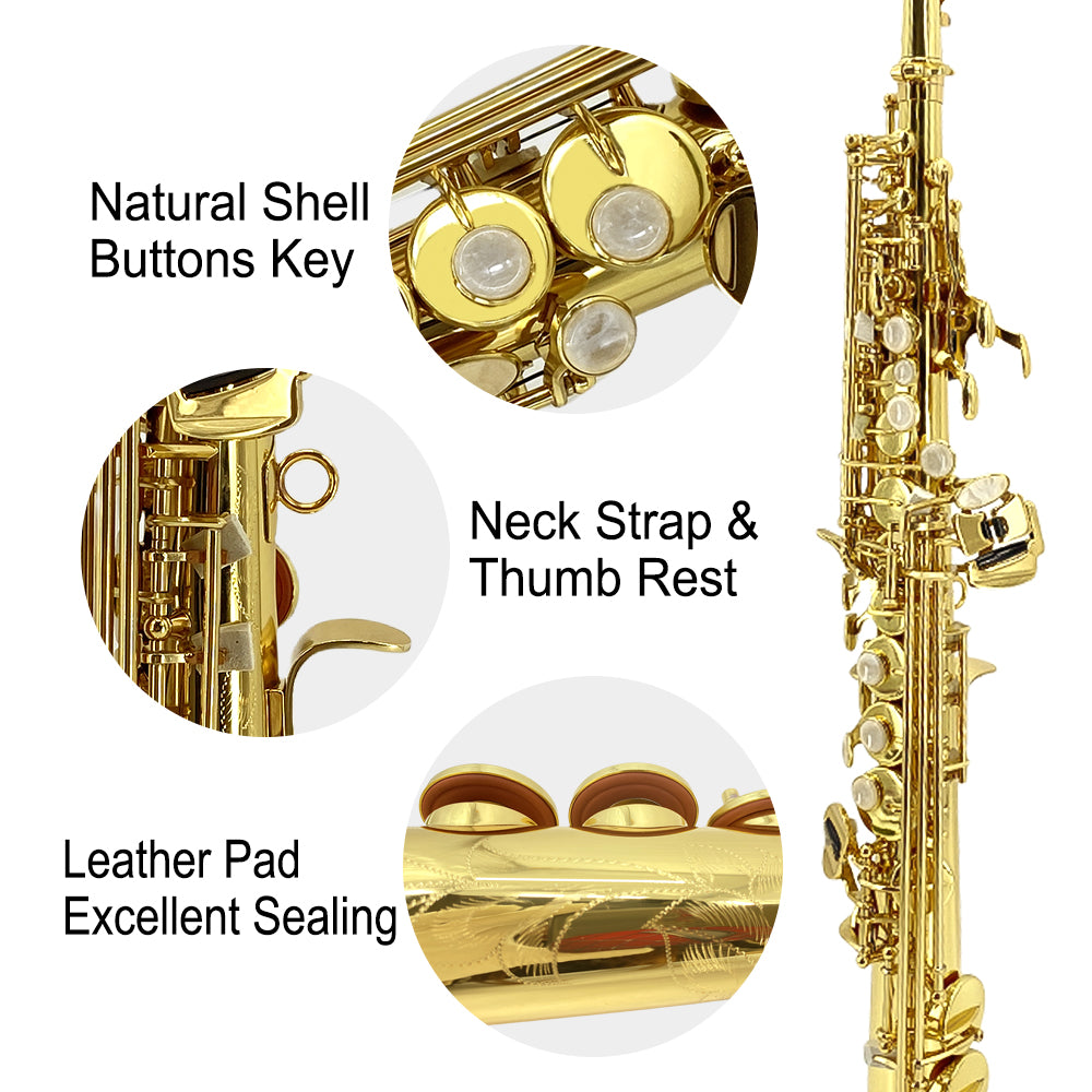 Yinfente Straight Soprano Saxophone Bb B Flat Sax with Case, Mouthpiece,Reeds & Accessories Brass Woodwind Instrument for Beginners,Adults & Advanced Players