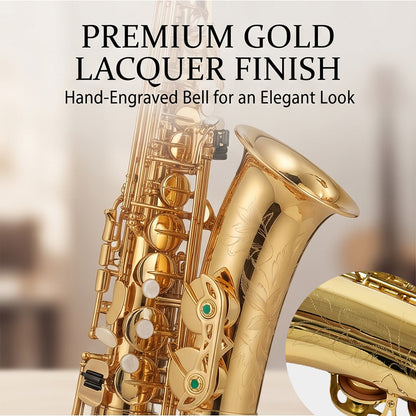 Yinfente Alto Saxophone Beginner Kit for Eb Gold Brass with Case, Reeds, Mouthpiece & Cleaning Kit Professional Sound & Easy to Play