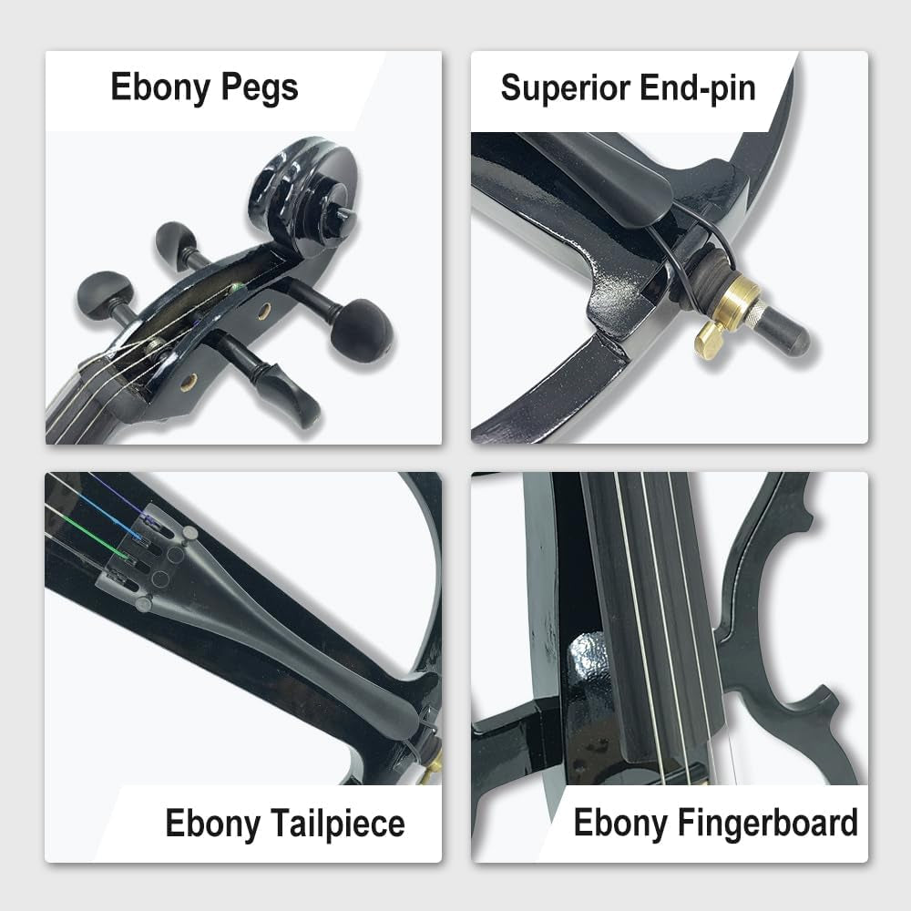 Electric Cello 4/4 Full Size - Solid Wood Construction with Ebony Fittings, Includes Hard Case, Brizal Bow, Aux Cable & Cleaning Cloth for 4/4 Cello (Black-1)