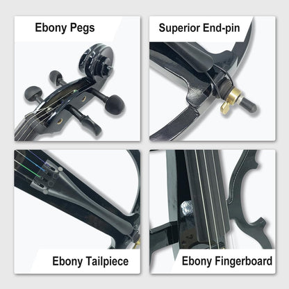 Electric Cello 4/4 Full Size - Solid Wood Construction with Ebony Fittings, Includes Hard Case, Brizal Bow, Aux Cable & Cleaning Cloth for 4/4 Cello (Black-1)