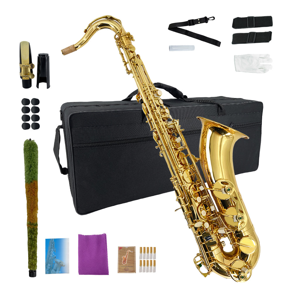 Yinfente Tenor Saxophone Complete Kit W/Case, Mouthpiece, 10Pc Reeds, Professional B Flat Tenor Sax, Gold Brass Lacquer, Rich, Warm Tone for Jazz & Classical, Ideal for Students to Pros（Golden）