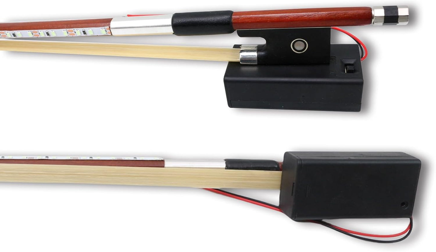 Brazilwood Violin Bow 4/4 Full Size with Blue LED Light Natural Mongolian Stallion Bow Hair Ebony Frog with Nice Pearl Inlay