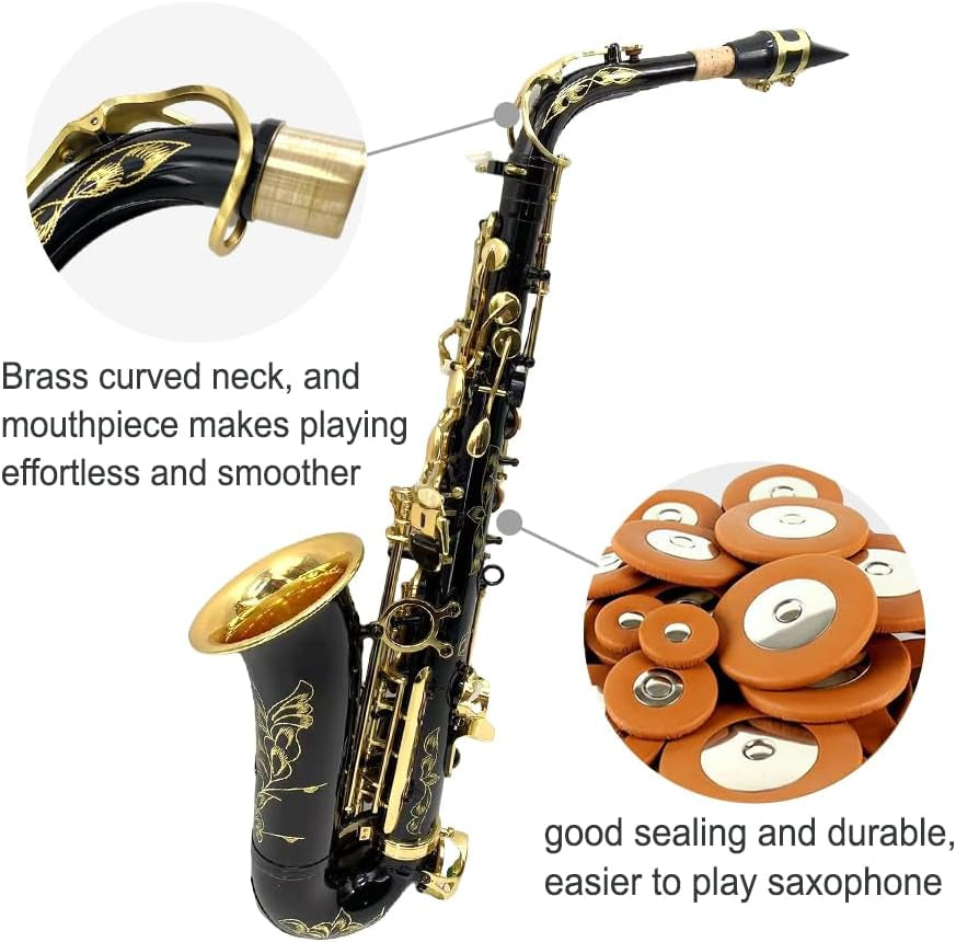 Alto Saxophone Eb for Beginners - Complete Saxophone Kit with Hard Case, Mouthpiece, Neck Strap, Reeds, Cleaning Kit - Ideal for Students & Professionals (Black)