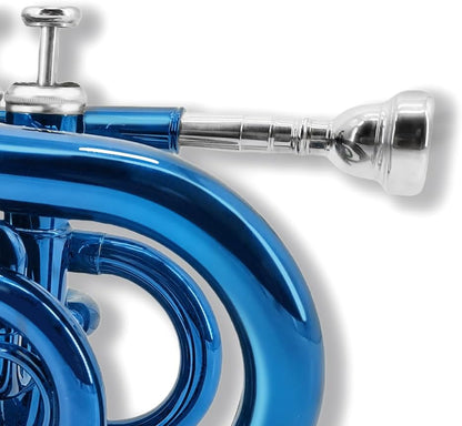 Brass Pocket Trumpet Bb Key Nickel Plated with Mouthpiece 7C, Cleaning Kit, Carrying Case, Gloves for Beginners/Students (Blue)