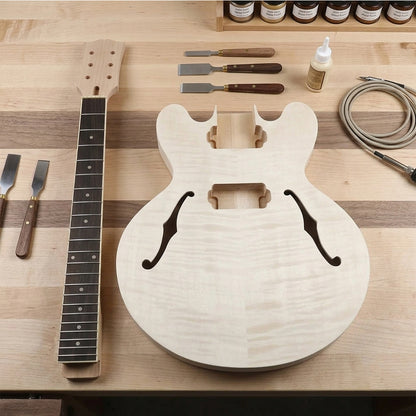 Yinfente 1Set Guitar Kit Neck 22fret 24.75inch dot inlays body Semi Hollow 339 Style not pickup and control holes