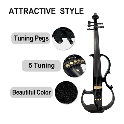 Yinfente 16Inch Silent Electric Viola Solid Wood 5 String with Ebony Fittings Hard Case Brazilwood Bow AUX Cable Cleaning Cloth Extra Strings Shoulder Rest Black FCGDA