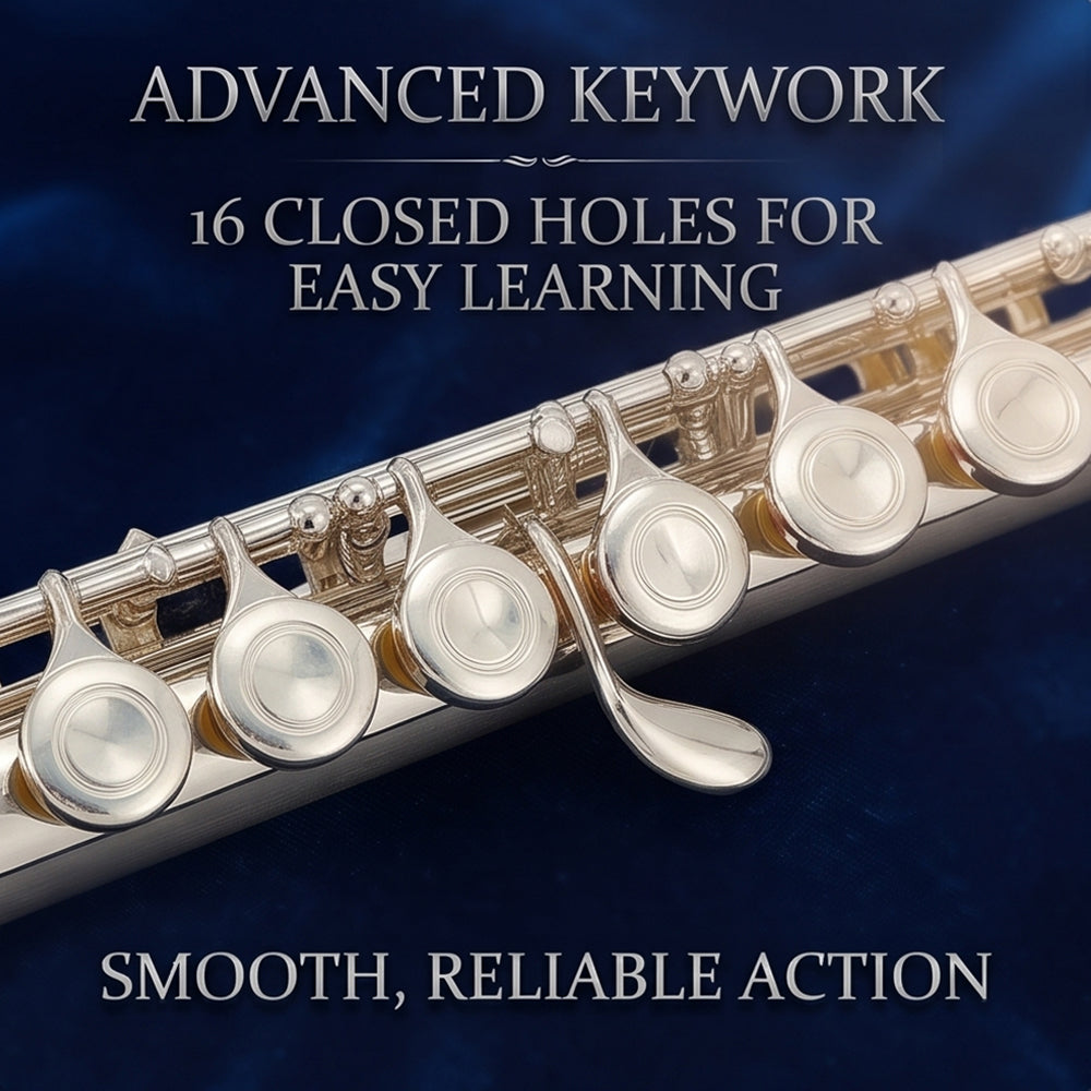 Yinfente 16 Hole C Flute with Gloves, Cleaning Rod, Case, Tuning Key and Extra Reeds - Nickel Silver Body, Closed Hole, for Student and Beginner