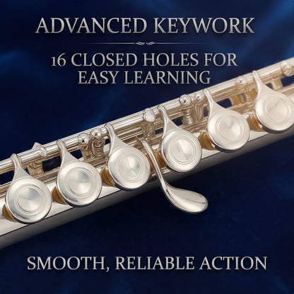 Yinfente 16 Hole C Flute with Gloves, Cleaning Rod, Case, Tuning Key and Extra Reeds - Nickel Silver Body, Closed Hole, for Student and Beginner