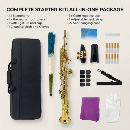 Yinfente Straight Soprano Saxophone Bb B Flat Sax with Case, Mouthpiece,Reeds & Accessories Brass Woodwind Instrument for Beginners,Adults & Advanced Players