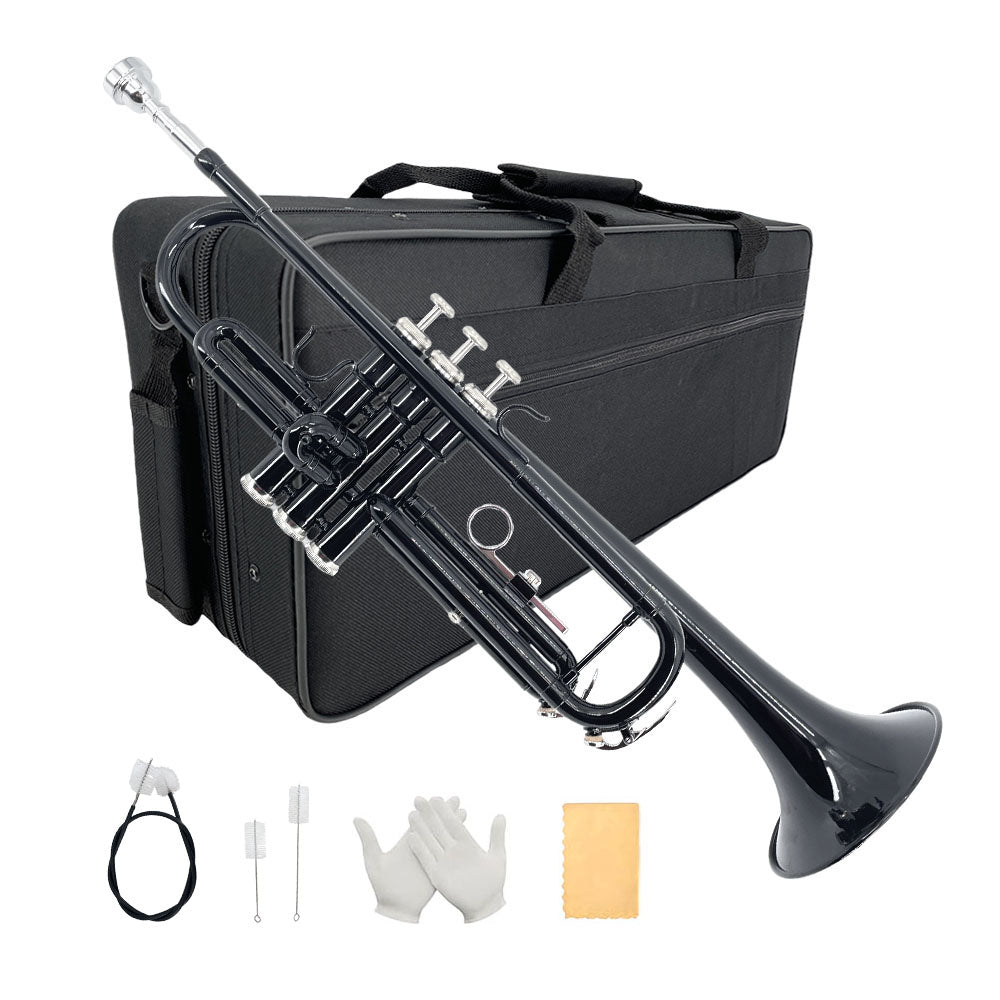 Yinfente Bb Standard Black Trumpet Set for Beginner or Advance Student, Brass Student Trumpet Instrument With Hard Case, 7C Mouthpiece, Cleaning Kit