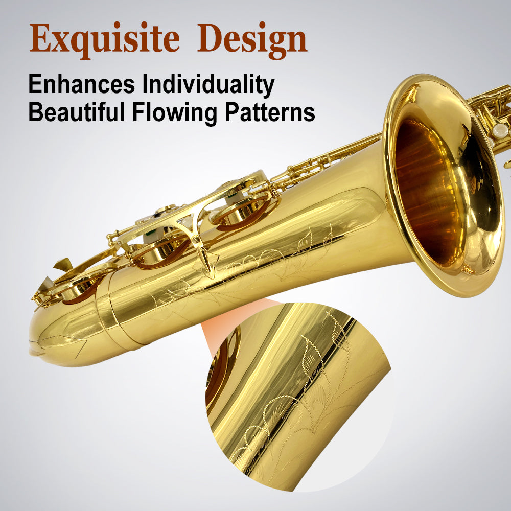 Yinfente Tenor Saxophone Complete Kit W/Case, Mouthpiece, 10Pc Reeds, Professional B Flat Tenor Sax, Gold Brass Lacquer, Rich, Warm Tone for Jazz & Classical, Ideal for Students to Pros（Golden）