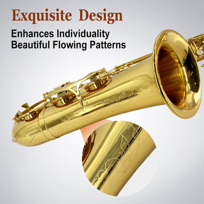 Yinfente Tenor Saxophone Complete Kit W/Case, Mouthpiece, 10Pc Reeds, Professional B Flat Tenor Sax, Gold Brass Lacquer, Rich, Warm Tone for Jazz & Classical, Ideal for Students to Pros（Golden）