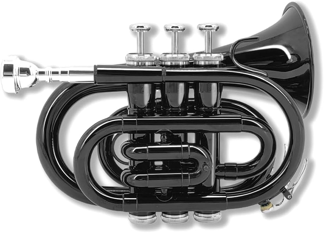 Brass Pocket Trumpet Bb Key Nickel Plated with Mouthpiece 7C, Cleaning Kit, Carrying Case, Gloves for Beginners/Students (Black)