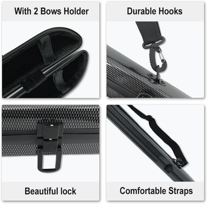 Violin Viola Cello Bow Case Carbon Fiber Strong Lightweight Bow Bag Hold 2Pcs Bow Adjustable Strap