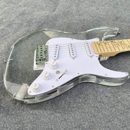 Electric Guitar Kit Transparent Acrylic Guitar,Full Size Solid Body for Beginners with Maple Neck Rosewood Fretboard& LED Light Blue,Strap,Tremolo Bra, Cable,Picks SSS