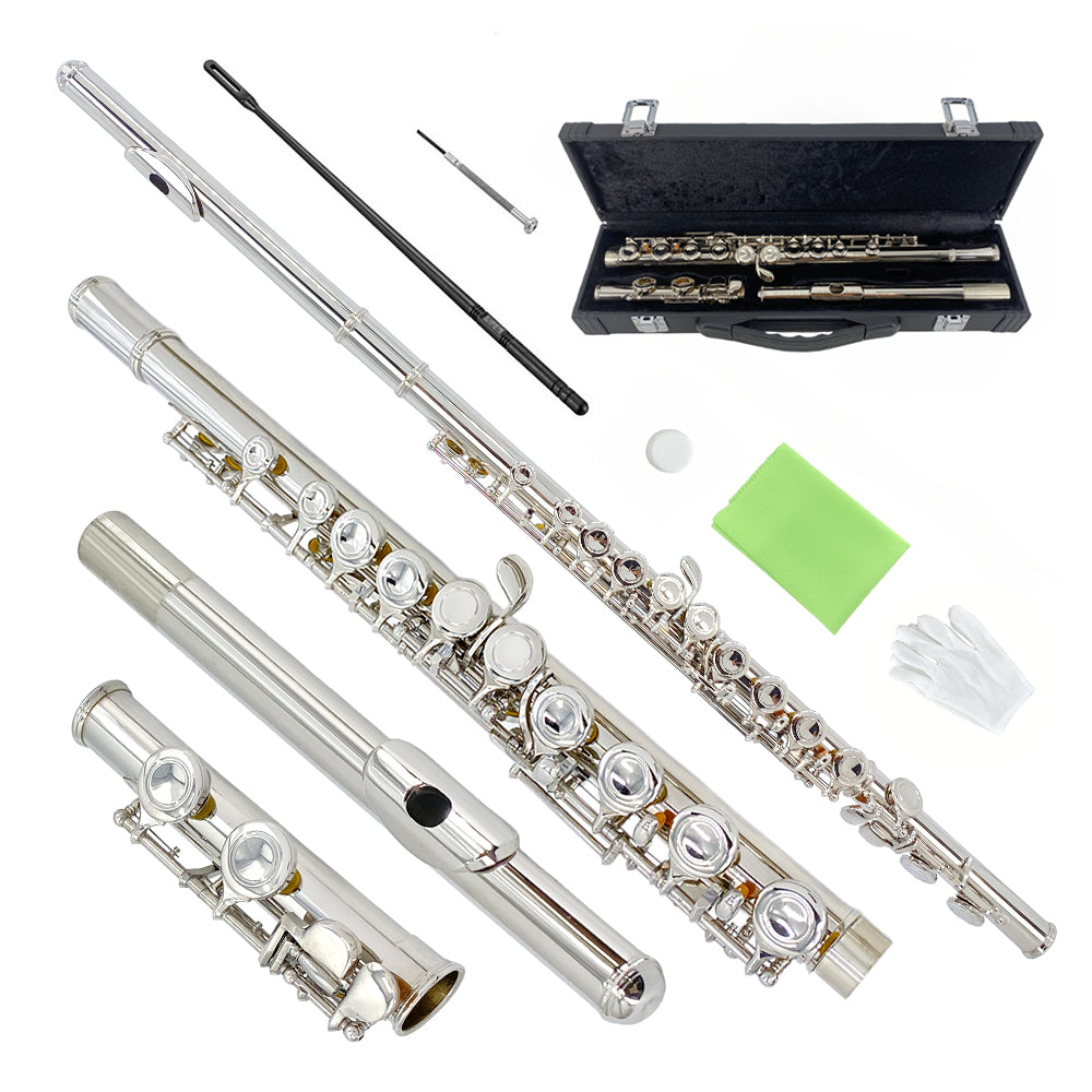 Yinfente 16 Hole C Flute with Gloves, Cleaning Rod, Case, Tuning Key and Extra Reeds - Nickel Silver Body, Closed Hole, for Student and Beginner