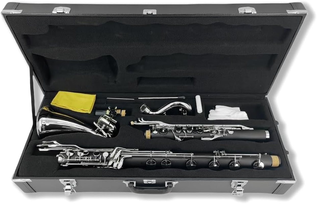 ABS Bass Clarinet Kits for Beginners Low C Bb Flat Clarinete Professional Silver Plated Keys Hard Case,Cleaning Kits,Gloves and Cork Grease