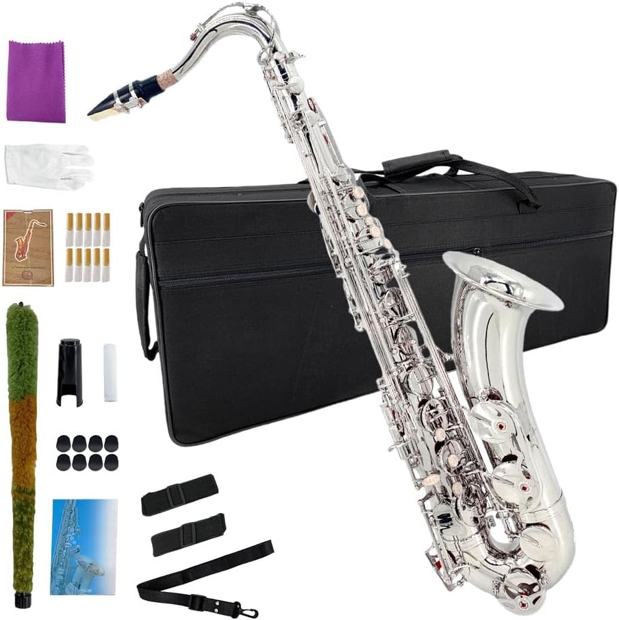 Yinfente Bb Tenor Saxophone Professional Beginner Kit B Flat Sax Complete Set with Case Reeds Cleaning Cloth Neck Straps Mouthpiece Silver