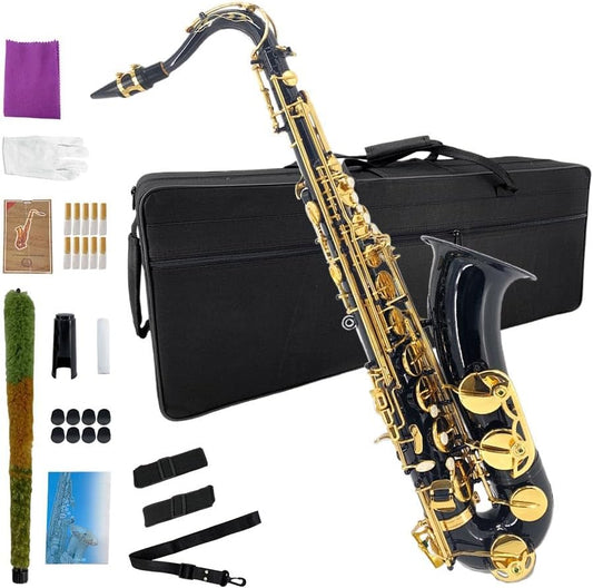 Yinfente Tenor Saxophone B flat Black Lacquer with Carrying Case Mouthpiece Reeds Cleaning Kit,Tenor Sax for Beginners, and Musicians