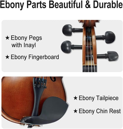 Yinfente Left Handed Acoustic&Electric Violin 4/4 Full Size Ebony Fittings With Hard Case,Brazil Bow,Bridge,Extra Strings,AUX Cable,Cleaning Cloth Violin For Beginners