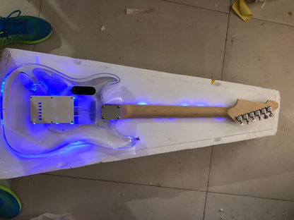39Inch Electric Guitar Kit Transparent Acrylic Guitar,Full Size Solid Body for Beginners with Maple Neck Rosewood Fretboard& LED Light Blue,Strap,Tremolo Bra, Cable,Picks SSS