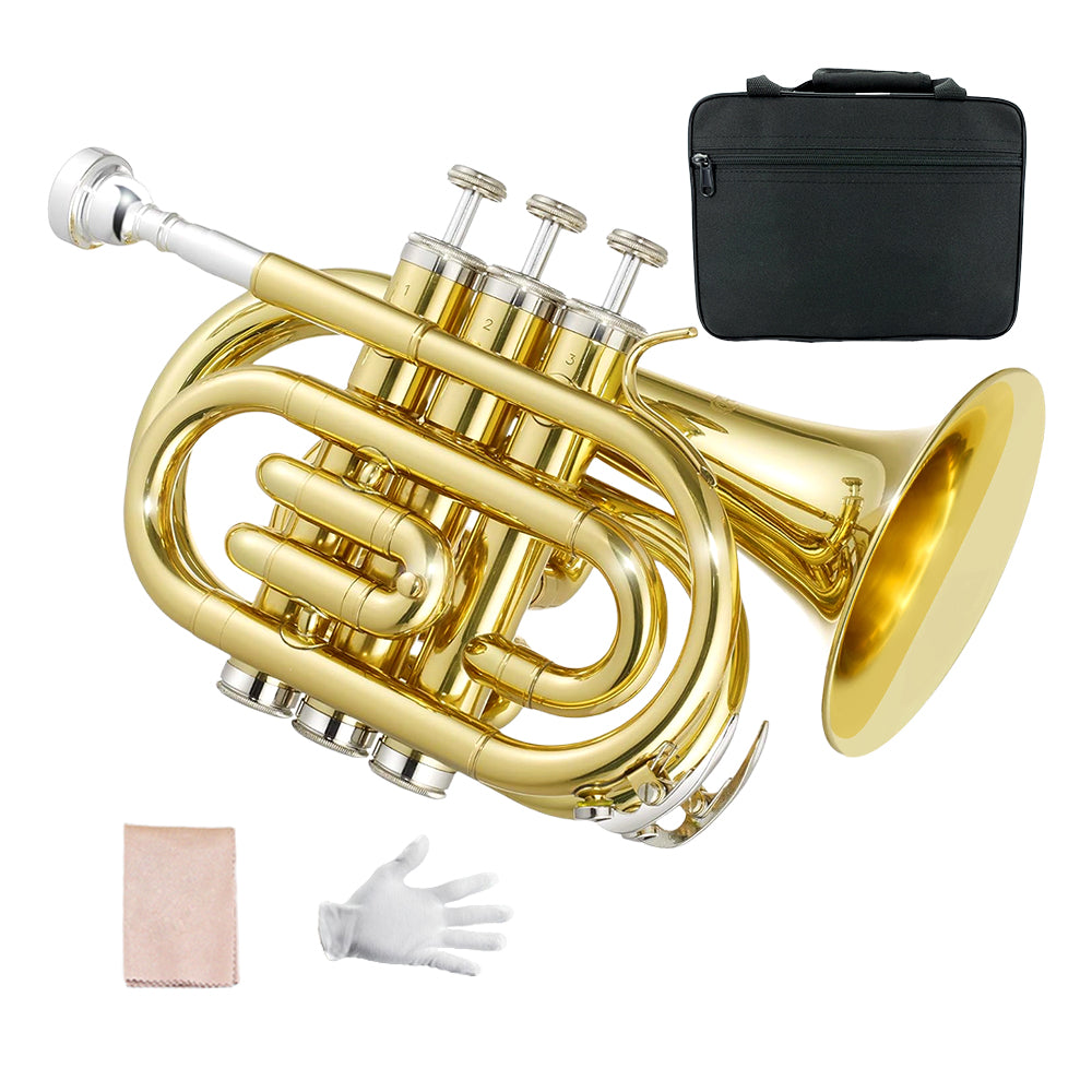 Bb Flat Pocket Trumpet Bass Trumpet for Beginner,Student with Cleaning Cloth, Silver Plated 7C Mouthpiece,Hard Case White Gloves (Gold)