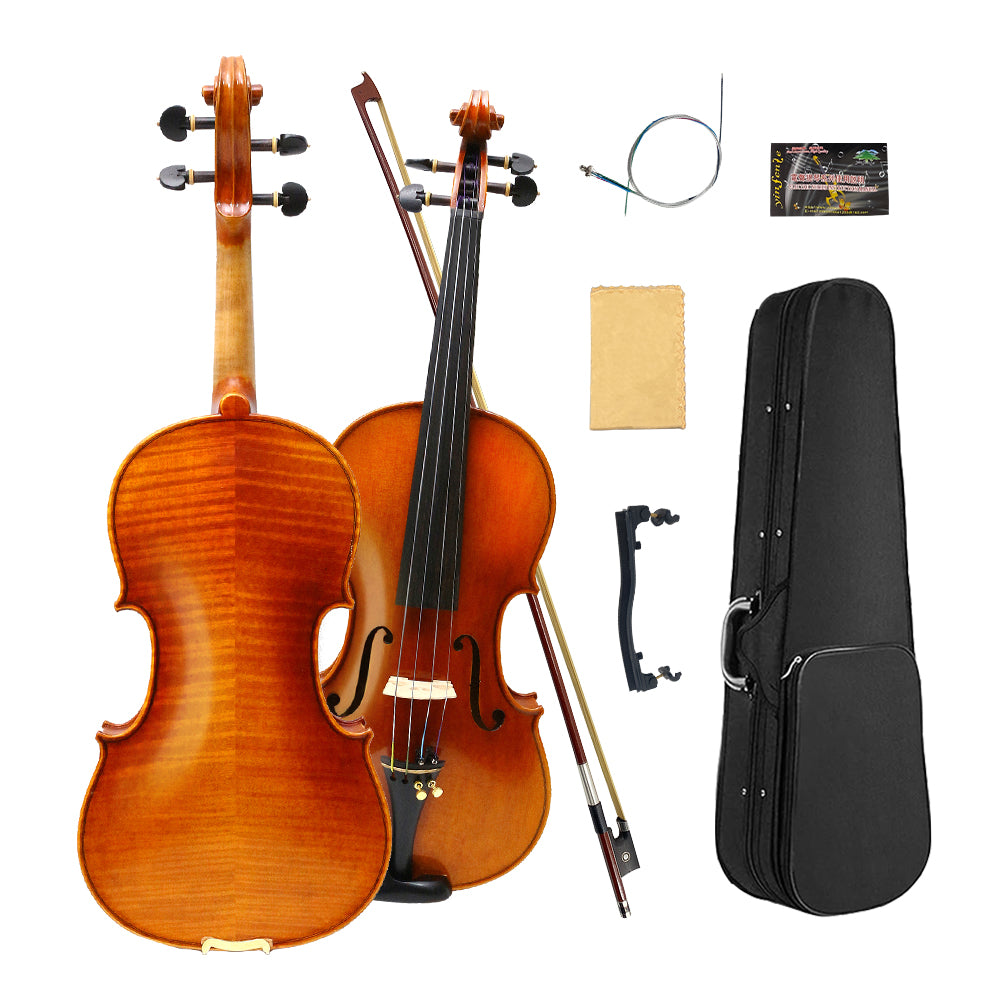 4/4 Full Size Flame Maple 4 String Acoustic Violin Spruce Top Ebony Fittings Solid Wood,Case,Bow,Rosin,Battery-Operated Mini Clip-On Tunerkit,Briage,Shoulder Rest for Beginner. (Fine Grain)