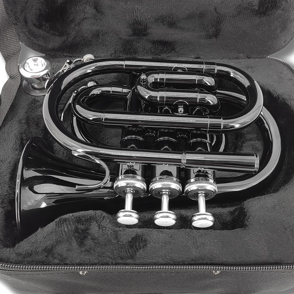 Brass Pocket Trumpet Bb Key Nickel Plated with Mouthpiece 7C, Cleaning Kit, Carrying Case, Gloves for Beginners/Students (Black)