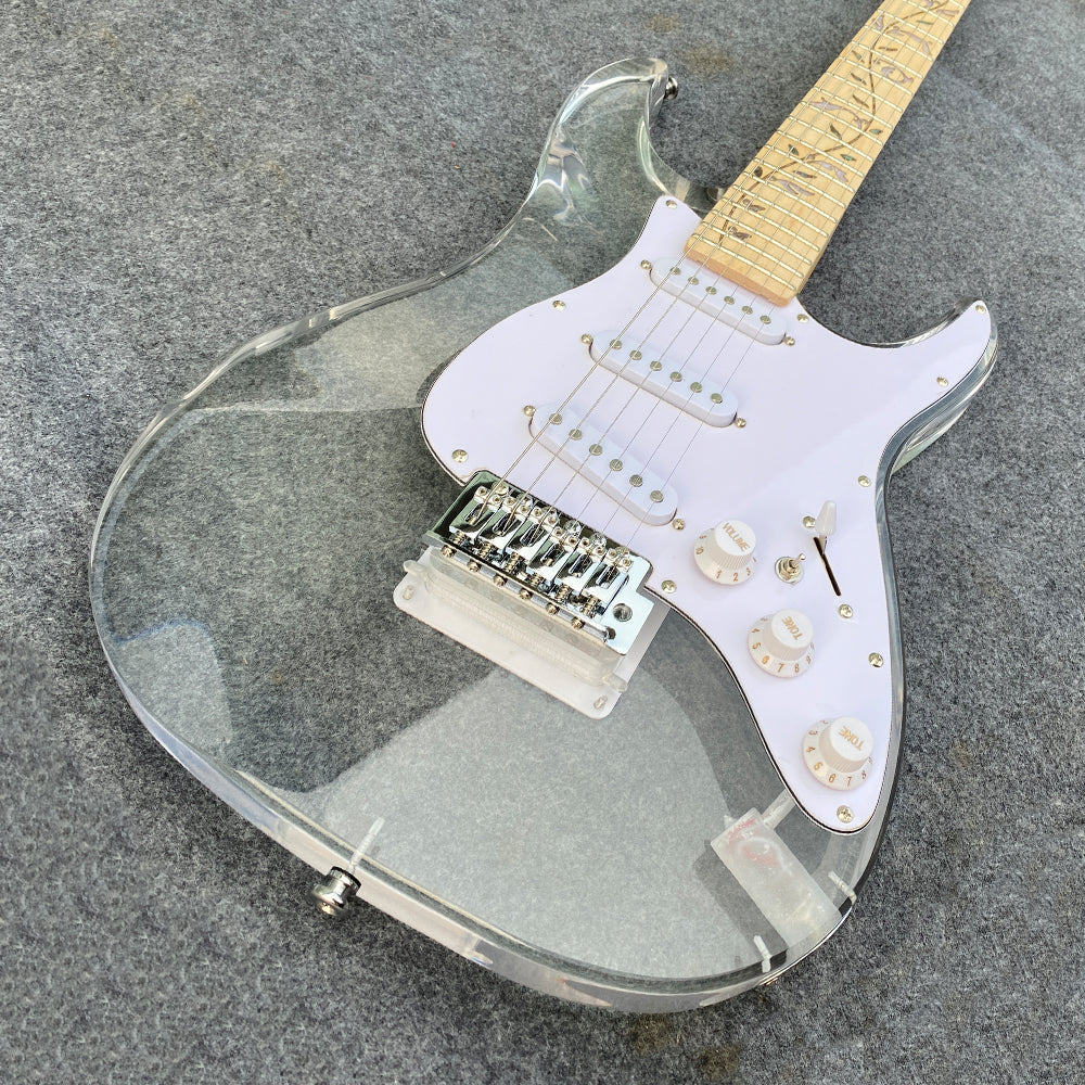Electric Guitar Kit Transparent Acrylic Guitar,Full Size Solid Body for Beginners with Maple Neck Rosewood Fretboard& LED Light Blue,Strap,Tremolo Bra, Cable,Picks SSS