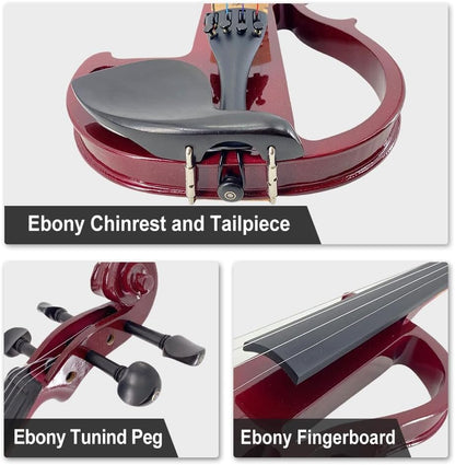 Electric Violin 4/4 Full Size Silent 4 String Student Beginner Violin Ebony Fittings with Case Bow Shoulder Rest Rosin Cable Headphone