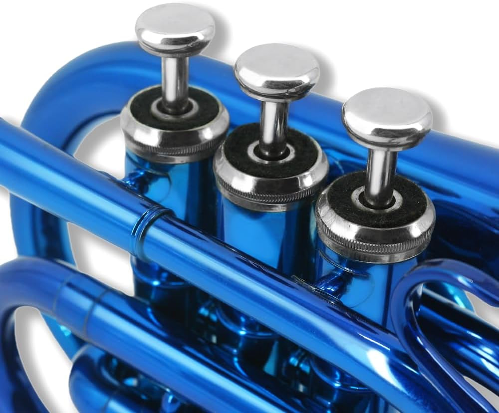 Brass Pocket Trumpet Bb Key Nickel Plated with Mouthpiece 7C, Cleaning Kit, Carrying Case, Gloves for Beginners/Students (Blue)