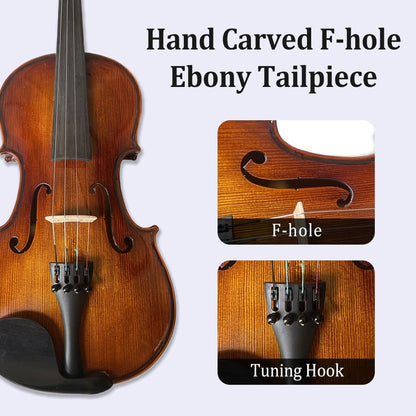 Acoustic Violin Kit for Beginners, 1/2 Size, 4 String, Ebony Flame Maple Spruce Wood, with Case, Bow, Shoulder Rest, Strings, Tuner (1/2)