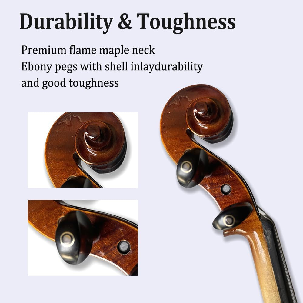Acoustic Violin Kit for Beginners, 1/2 Size, 4 String, Ebony Flame Maple Spruce Wood, with Case, Bow, Shoulder Rest, Strings, Tuner (1/2)