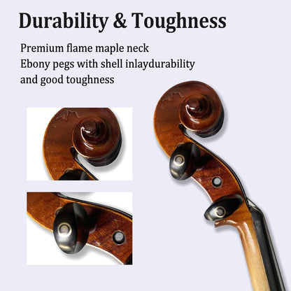 Acoustic Violin Kit for Beginners, 1/2 Size, 4 String, Ebony Flame Maple Spruce Wood, with Case, Bow, Shoulder Rest, Strings, Tuner (1/2)