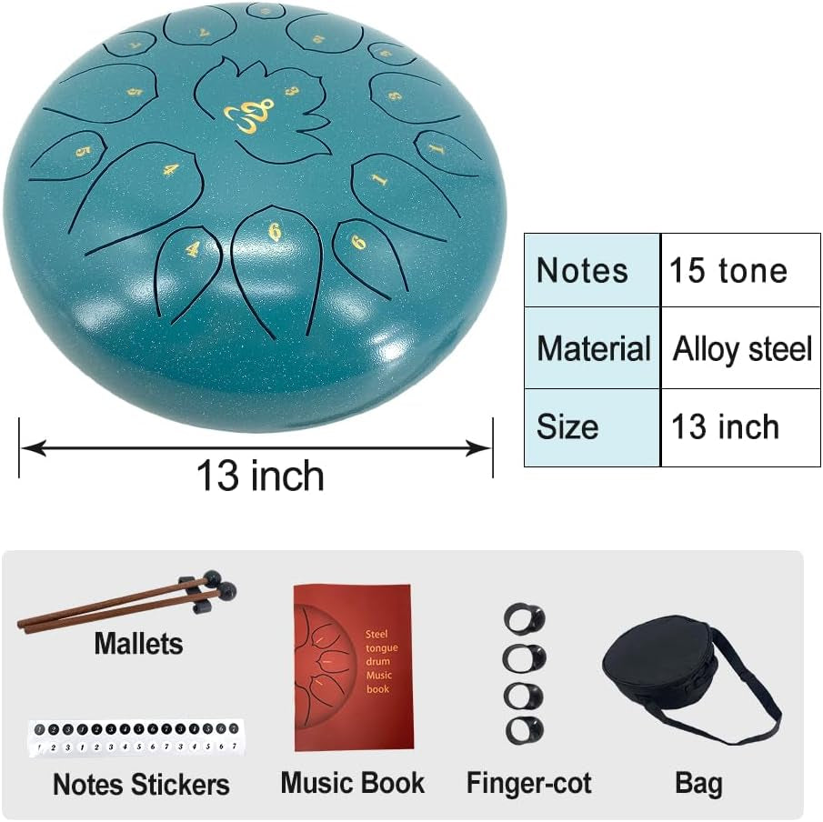 13 Inches 15 Notes Rain Drum for outside Garden, Steel Tongue Drum with Mallets & Carry Bag Musical Instrument for Adults D Major