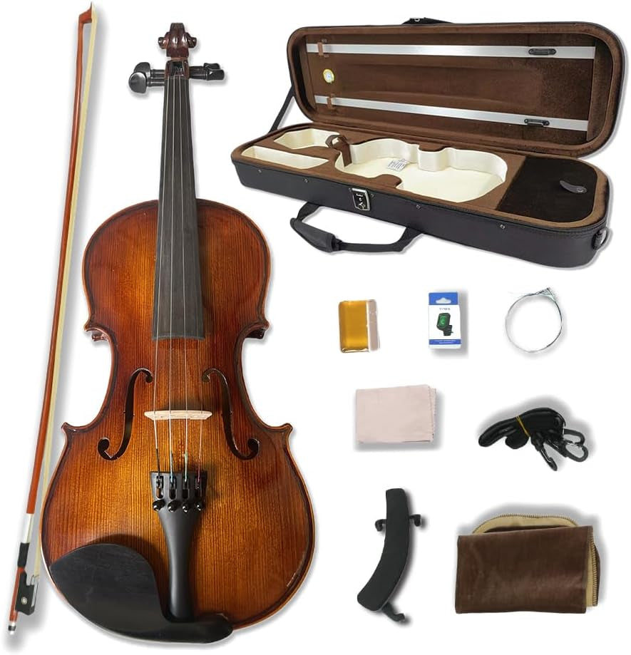 Acoustic Violin Kit for Beginners, 1/2 Size, 4 String, Ebony Flame Maple Spruce Wood, with Case, Bow, Shoulder Rest, Strings, Tuner (1/2)