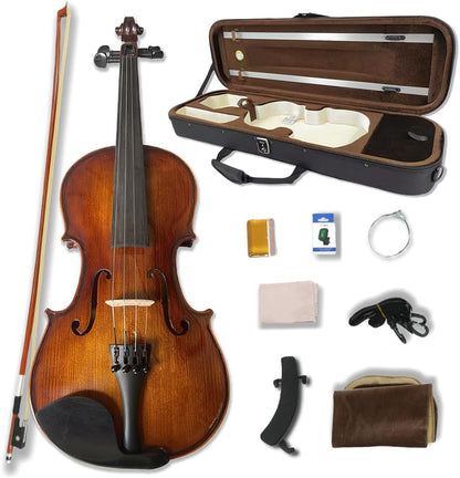 Acoustic Violin Kit for Beginners, 1/2 Size, 4 String, Ebony Flame Maple Spruce Wood, with Case, Bow, Shoulder Rest, Strings, Tuner (1/2)