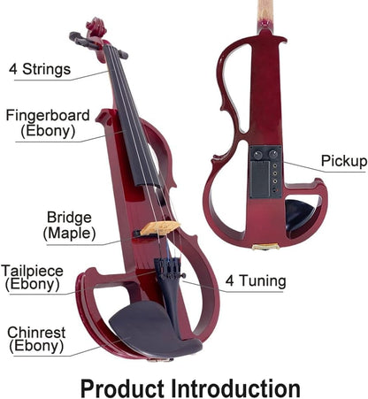 Electric Violin 4/4 Full Size Silent 4 String Student Beginner Violin Ebony Fittings with Case Bow Shoulder Rest Rosin Cable Headphone