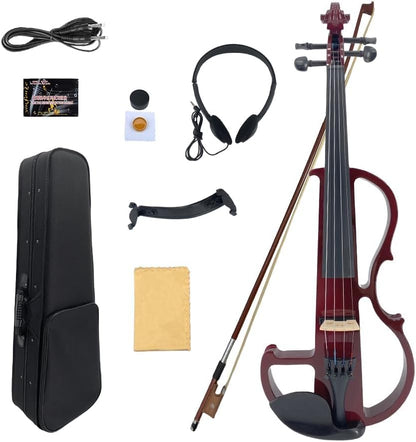 Electric Violin 4/4 Full Size Silent 4 String Student Beginner Violin Ebony Fittings with Case Bow Shoulder Rest Rosin Cable Headphone