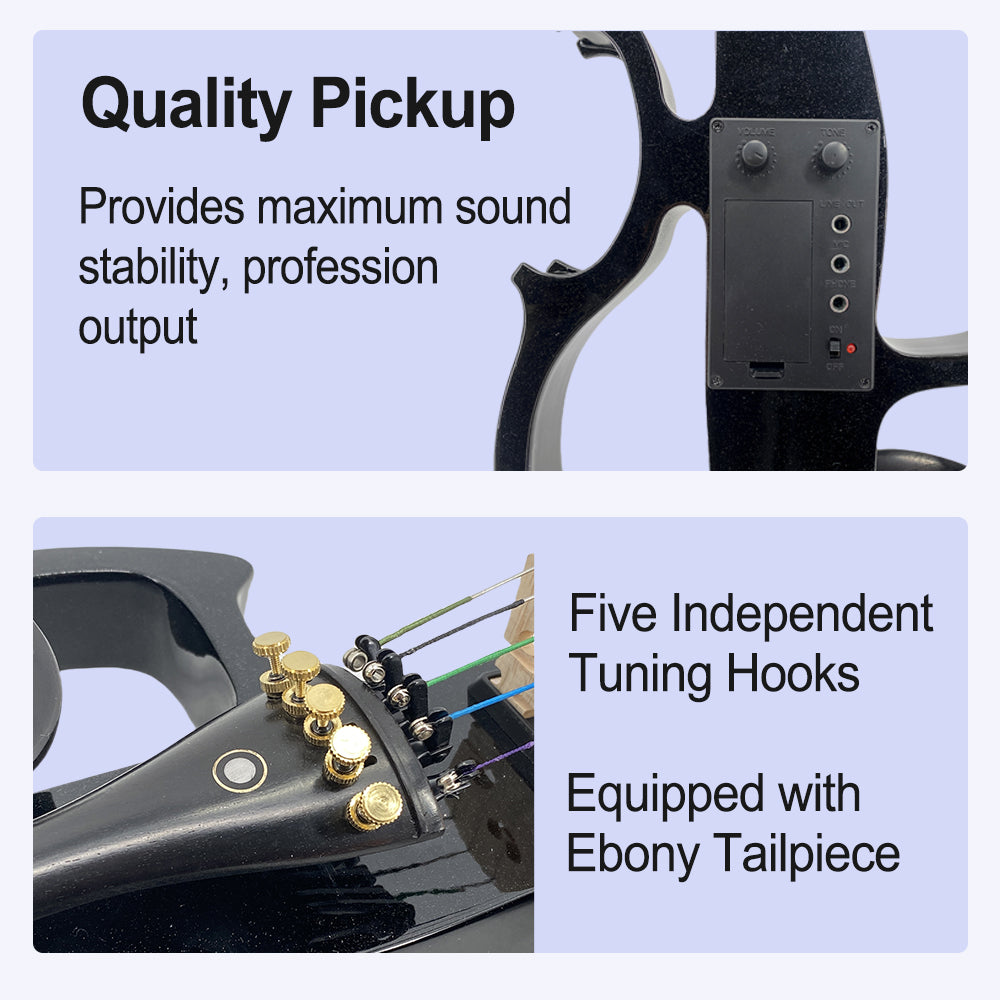 Electric Violin 4/4 Size Silent Violins Solid Wood Ebony Violin Parts with Case, Bow (Black)