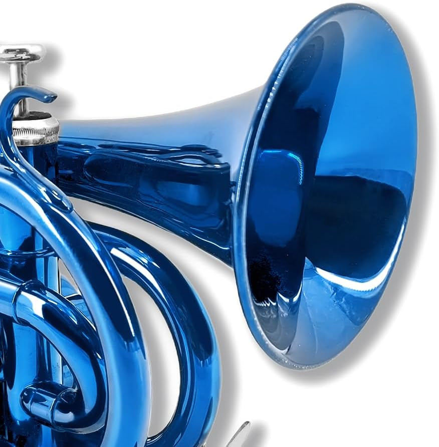 Brass Pocket Trumpet Bb Key Nickel Plated with Mouthpiece 7C, Cleaning Kit, Carrying Case, Gloves for Beginners/Students (Blue)