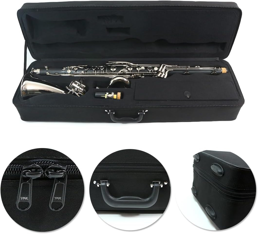 ABS Bass Clarinet Kits for Beginners Low E Bb Flat Clarinete Professional Silver Plated Keys Hard Case,Cleaning Kits,Gloves and Cork Grease